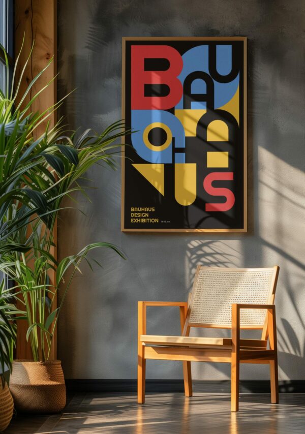 Affiche artistique inspirée du Bauhaus, design géométrique en couleurs primaires, imprimée sur papier photo premium avec cadre en bois. Disponible en plusieurs tailles.