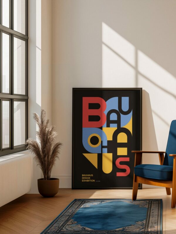 Affiche artistique inspirée du Bauhaus, design géométrique en couleurs primaires, imprimée sur papier photo premium avec cadre en bois. Disponible en plusieurs tailles.
