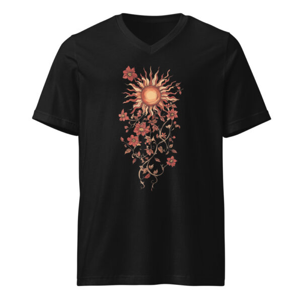 Design artistique représentant un soleil rayonnant entouré de fleurs et de lianes entrelacées.